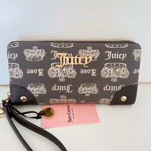 NWT JUICY COUTURE FAN CLUB LARGE ZIP AROUND WALLET CHOCOLATE SANDSTONE WRISTLET